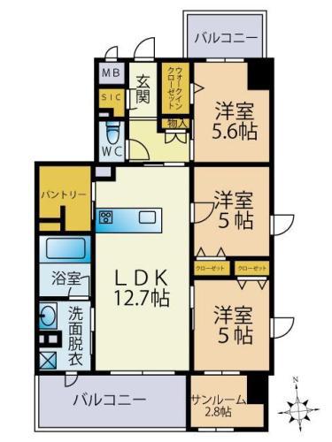グランタイム都町(2SLDK/5階)の間取り写真