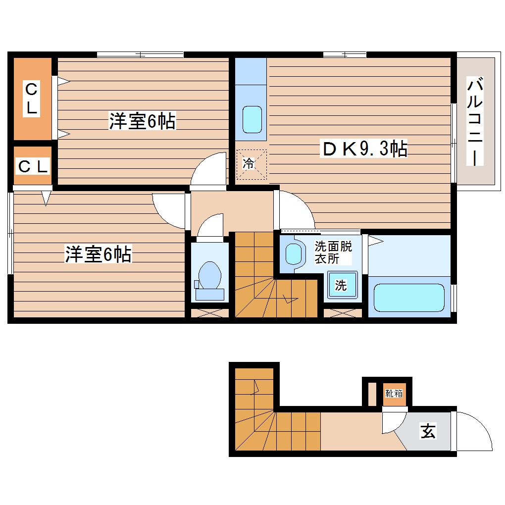 グランシューベル弐番館(2DK/2階)の間取り写真