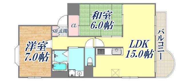 エスポアール西宮北口Ⅱ(2LDK/2階)の間取り写真