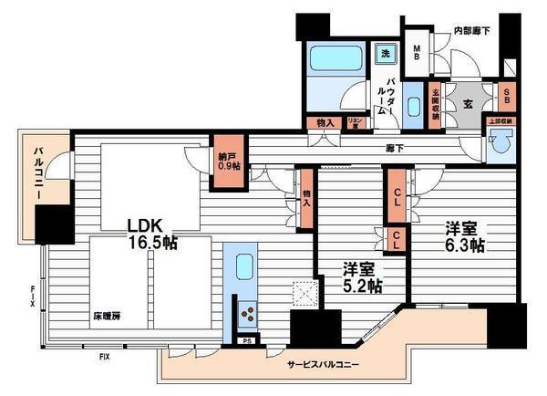 北浜ミッドタワー(2LDK/15階)の間取り写真