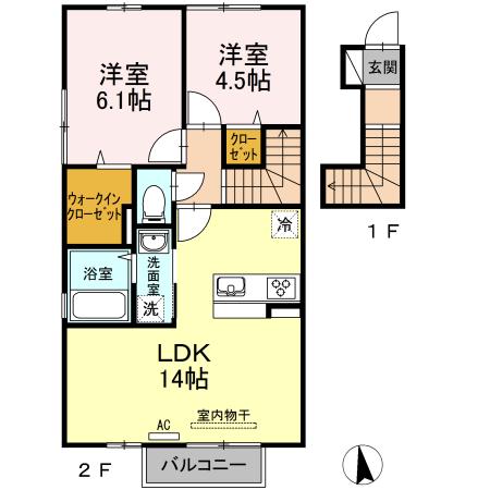 グランツ上薬王寺C棟(2LDK/2階)の間取り写真