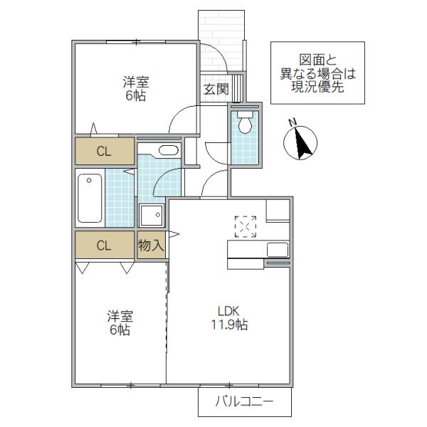 サンモール B棟(2LDK/1階)の間取り写真