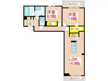 シャーメゾン春日町(2LDK/2階)の間取り写真