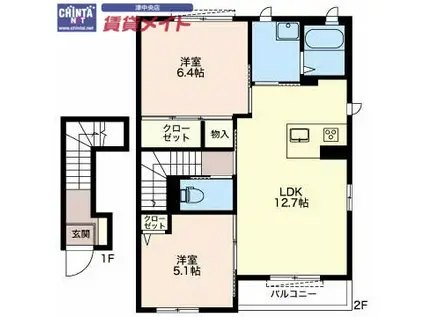 近鉄名古屋線 高田本山駅 徒歩12分 2階建 築18年(2LDK/2階)の間取り写真