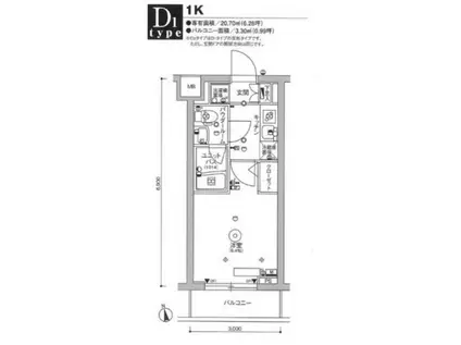 スカイコート品川パークサイドIII(1K/2階)の間取り写真