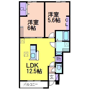 鹿沼市西鹿沼町2LDK(1LDK/1階)の間取り写真