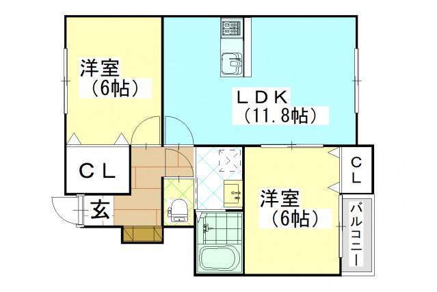 RIVERSIDE西大寺B棟(2LDK/1階)の間取り写真