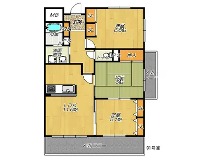 ＪＲ片町線 野崎駅(大阪) 徒歩20分 3階建 築26年(3LDK/2階)の間取り写真