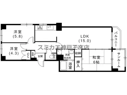 三宮東ハイツ(3LDK/12階)の間取り写真