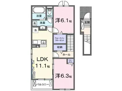 ラ・ルーチェ 八幡 I/II(2LDK/2階)の間取り写真