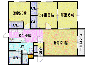 ルミエール上江別(3LDK/3階)の間取り写真