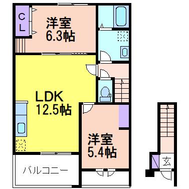 鹿沼市西鹿沼町2LDK(1LDK/2階)の間取り写真