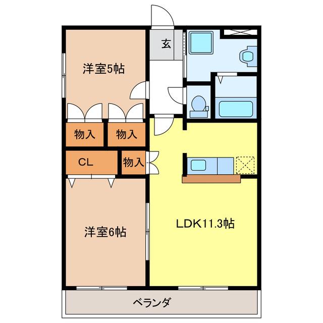 シャングリラ壱番館(2LDK/2階)の間取り写真