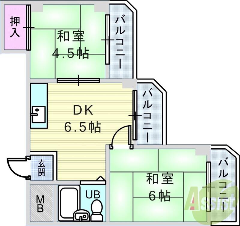 豊中エースハイツ(2DK/5階)の間取り写真