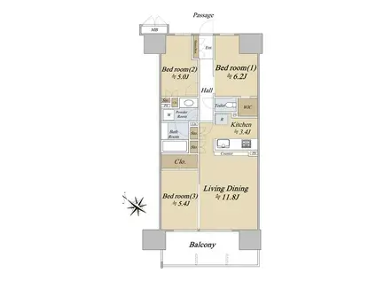 サングランデ ザ・レジデンス千葉(3LDK/11階)の間取り写真