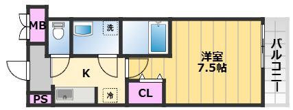 ゴールイン岸城(1K/2階)の間取り写真