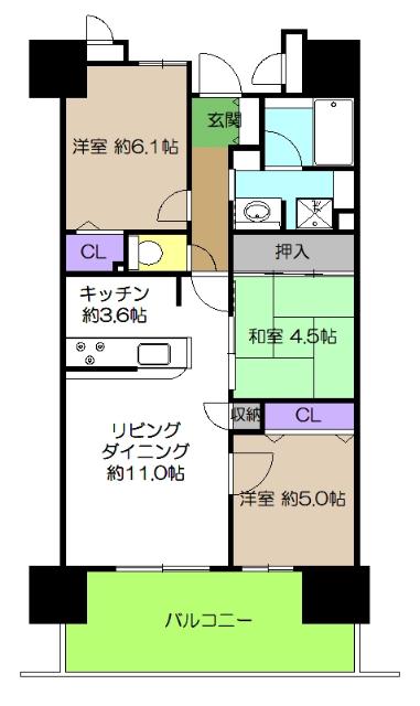 サーパス桟橋通二丁目(3LDK/5階)の間取り写真