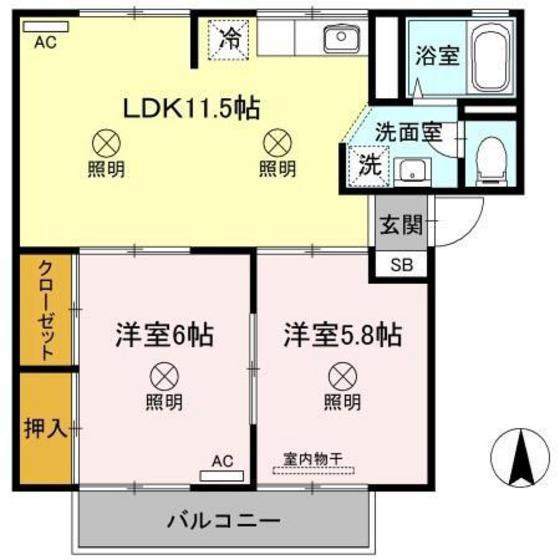 シャンポールききょう B棟(2LDK/2階)の間取り写真
