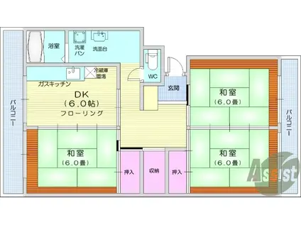 鹿野ハイツ(3DK/4階)の間取り写真