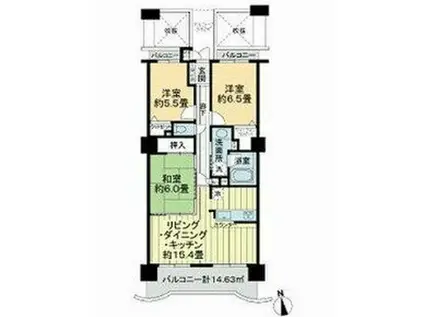 ライオンズタワー榴岡(3LDK/8階)の間取り写真