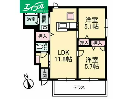 デュナミスA棟(2LDK/1階)の間取り写真