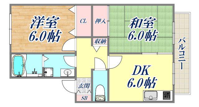 LEVANTE夙川(2DK/1階)の間取り写真