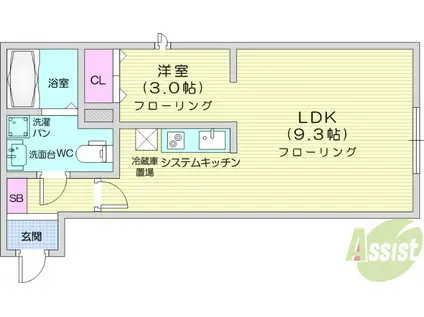 メリディアン白鳥(1LDK/3階)の間取り写真