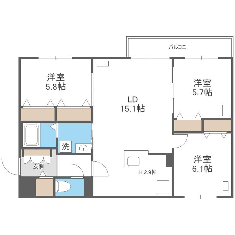 BLANC TERRACE 白石(3LDK/3階)の間取り写真