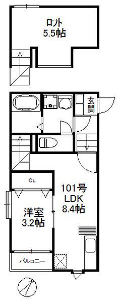 ポラリス箱崎駅東(1LDK/1階)の間取り写真