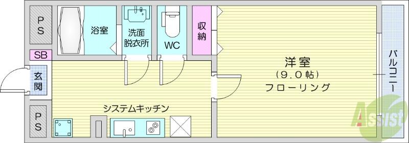 グレイスハイツ長町南(1K/4階)の間取り写真