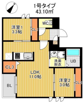 REGALEST MAPLE 千早(2LDK/1階)の間取り写真