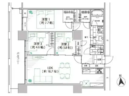 ザ・パークタワー東京サウス(3LDK/16階)の間取り写真