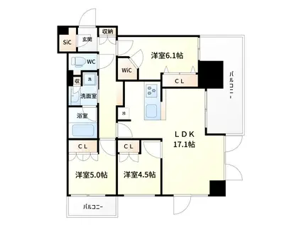プレサンス レジェンド 大阪新町タワー(3LDK/5階)の間取り写真