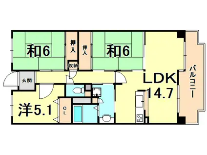 白鷹香枦園マンション(3LDK/6階)の間取り写真