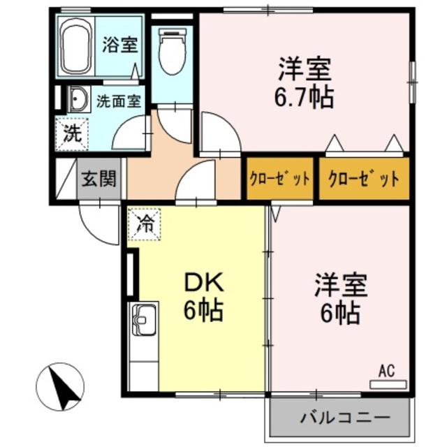 ヴィル グリシーヌB(2DK/2階)の間取り写真