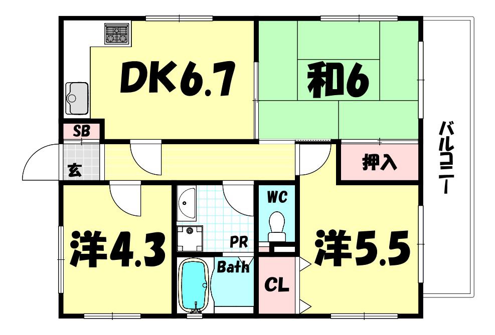 セントラルハイツ三宮東(3DK/3階)の間取り写真