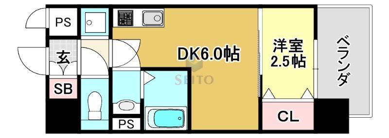 プレリスNEO大阪十三エルヴィオン(1DK/2階)の間取り写真