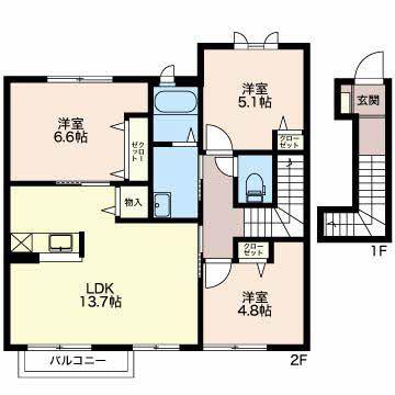 シャルマン小杉B(3LDK/2階)の間取り写真