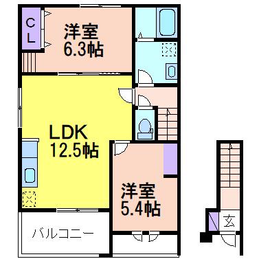 鹿沼市西鹿沼町2LDK(1LDK/2階)の間取り写真