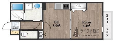 プレセアコート花園B棟(1DK/2階)の間取り写真