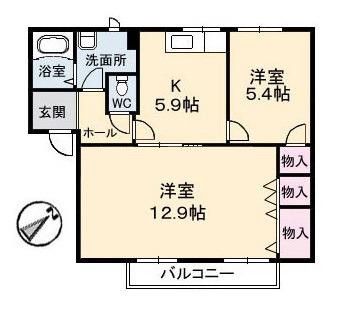 フレグランスまほろばB棟(2K/2階)の間取り写真