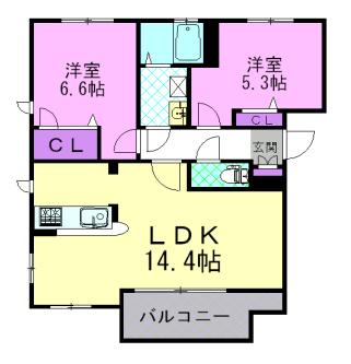 ハピネスタウンB棟(2LDK/1階)の間取り写真