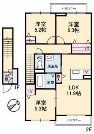 セレナガーデンD棟(3LDK/2階)の間取り写真