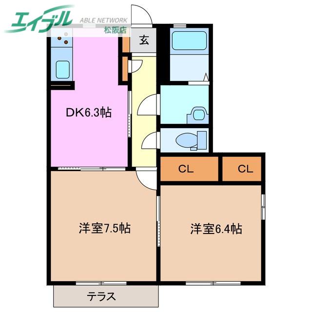 グランデール泉 D棟(2DK/1階)の間取り写真
