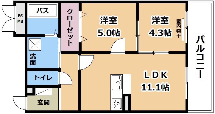 ＪＲ東海道本線 草津駅(滋賀) 徒歩22分 3階建 築2年(2LDK/2階)の間取り写真