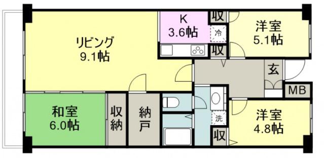 川越旭町ビューハイツ(3LDK/6階)の間取り写真
