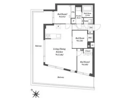 オープンブルーム渋谷本町(3LDK/5階)の間取り写真