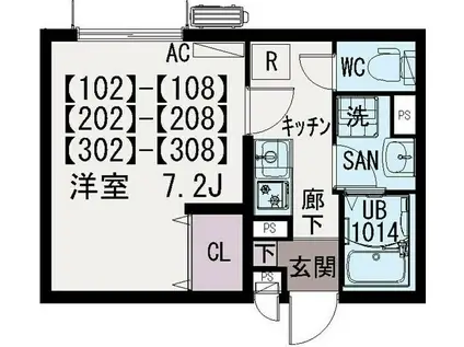 イクシオ子母口(1K/2階)の間取り写真