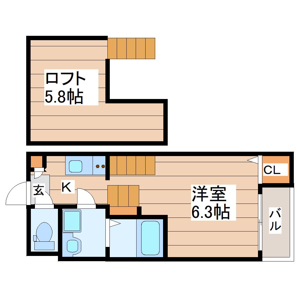 ハーモニーテラス福住町(1K/2階)の間取り写真