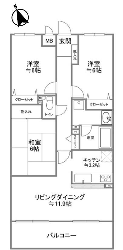 ローレルコート昭和・田面町(3LDK/3階)の間取り写真